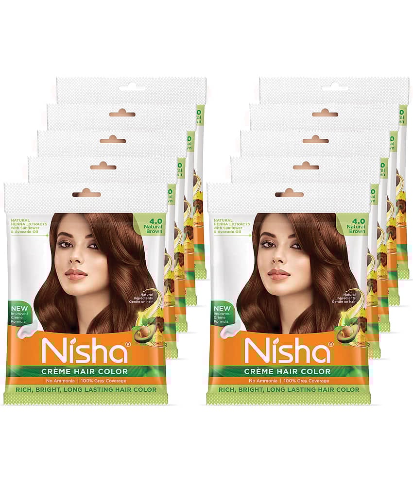 Nisha Creme Hair Color Natural Brown 40g Pack of 10, Permanent Hair Color for Women Men, No Ammonia, 100% Grey Coverage