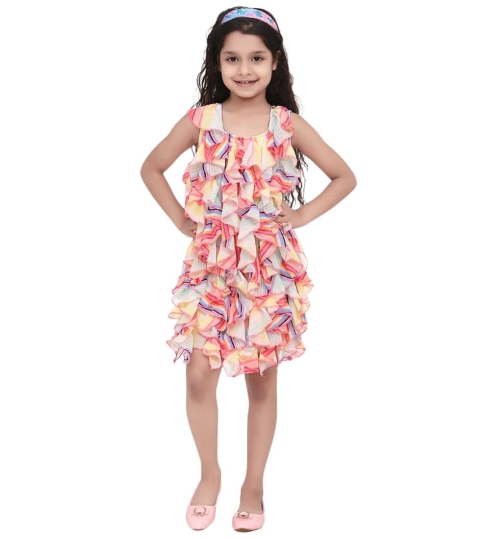 Girl's Chiffon Ruffled Sleeveless Dress (Multicolor, 7-8-Yrs)-PID66026