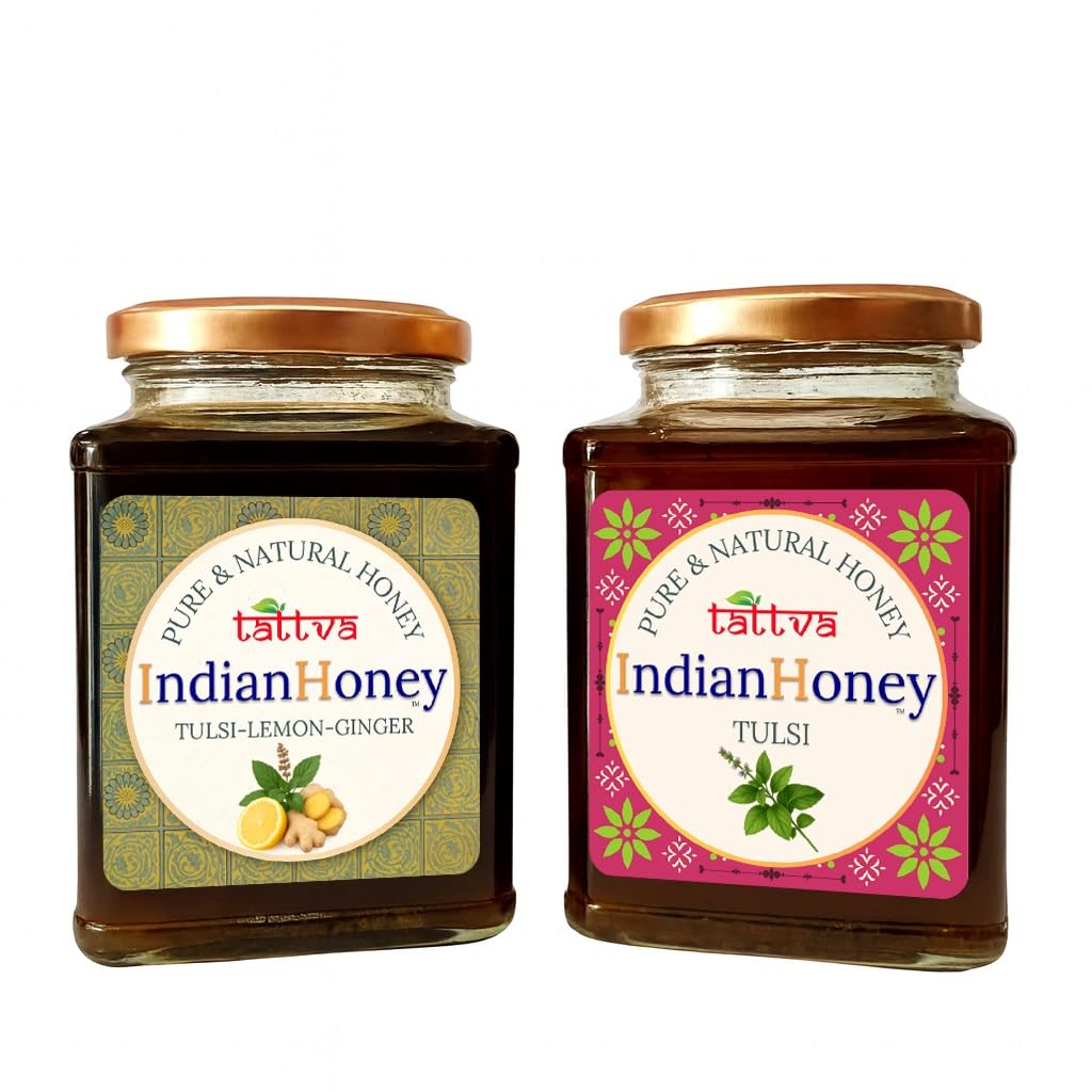 IndianHoney Tulsi with Tulsi Lemon Ginger Honey Combo (Pack of 2) | Pure & Natural | 1kg (500g Each) | Unprocessed & Unfiltered Natural Sweetener