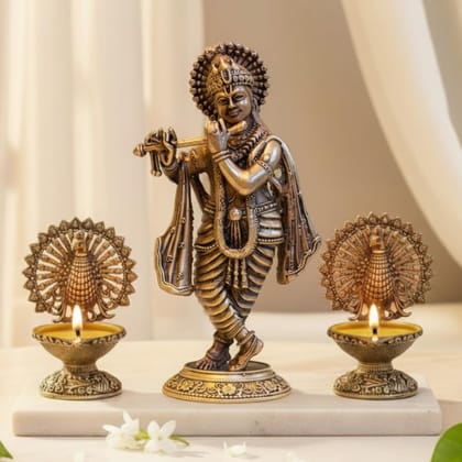 Sukh Sehaj Brass Shree Krishna Murti & Mayura Diyas Worship Combo Set : Kunj