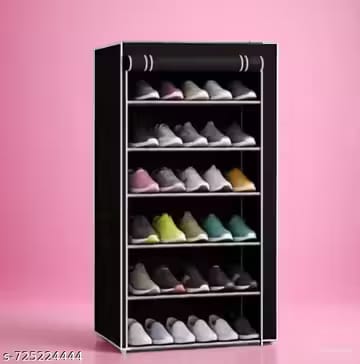 6 shelves shoe rack plastic with zip door cover & side pockets, multiuse storage rack for footwear, toys, clothes with dustproof cover (6 shelves, plastic) Black