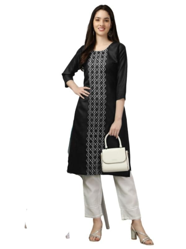 Women's Casual 3-4 th Sleeve Embroidery Cotton Kurti (Black, XL)-PID50201