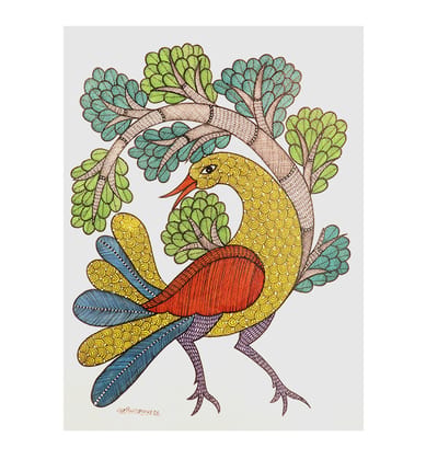 Handcrafted Gond Bird with Tree Painting – Tribal Folk Art