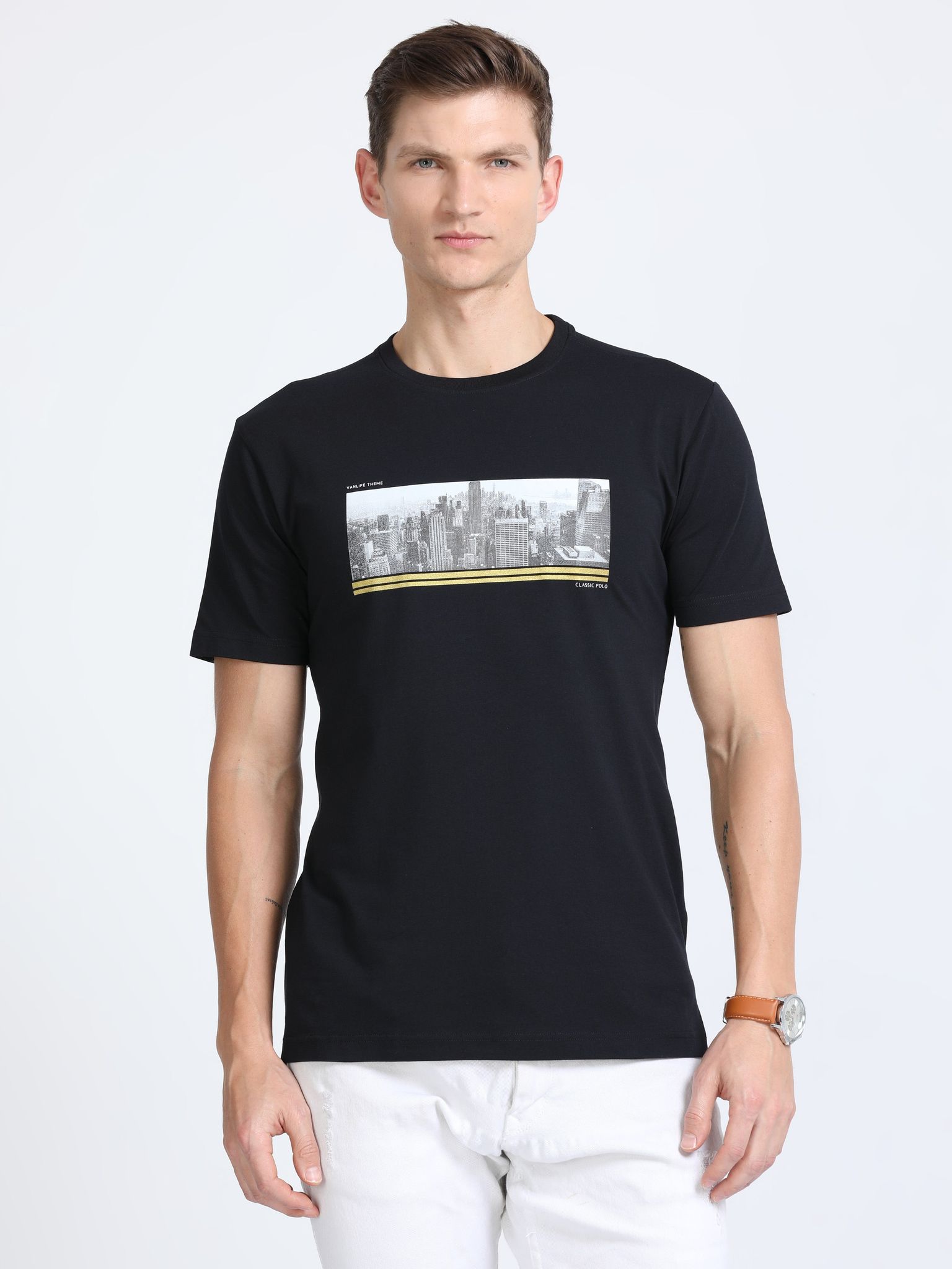 Classic Polo Mens Cotton Half Sleeves Printed Slim Fit Crew Neck Black Color T-Shirt | Baleno - 553 A Sf C