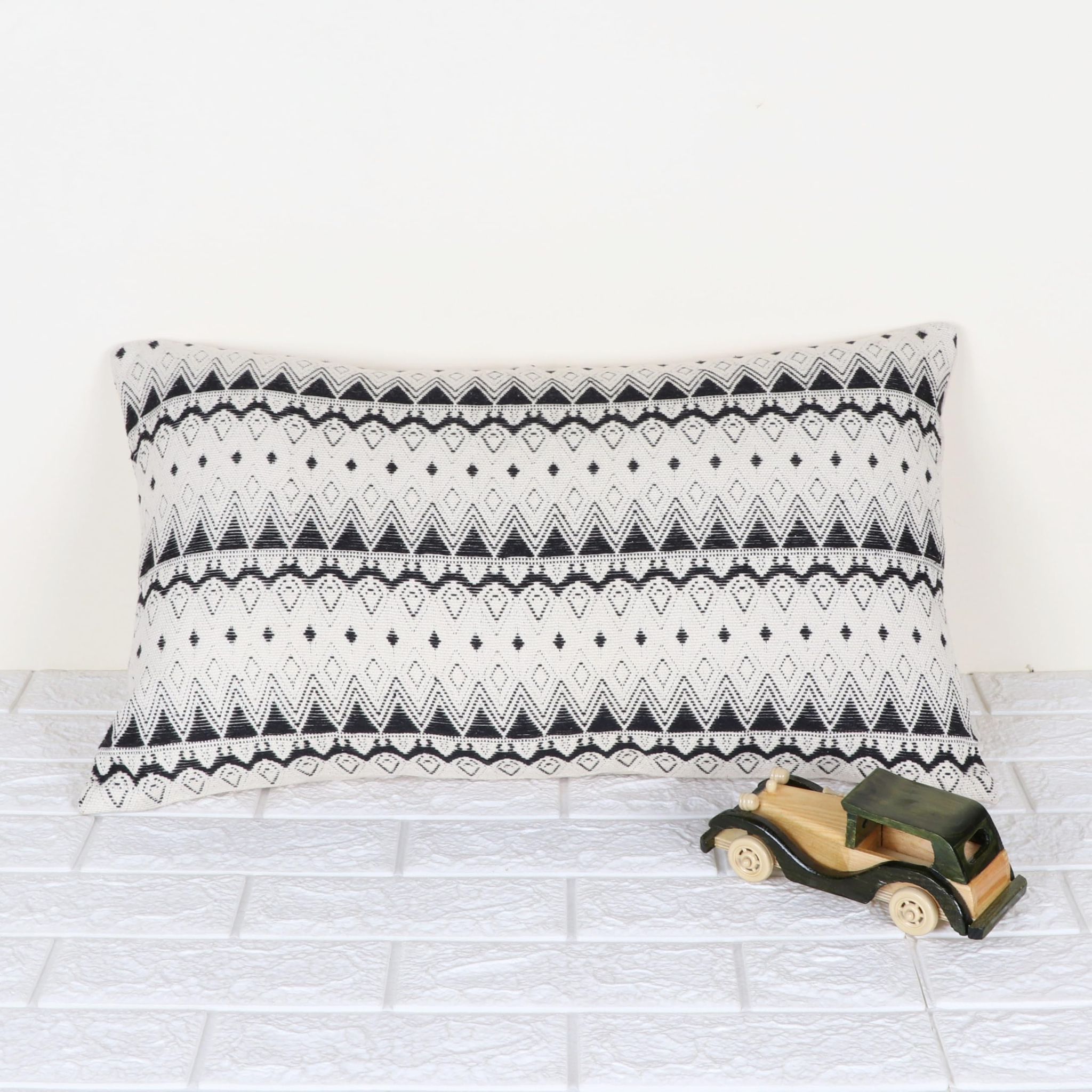 Indihomecraft Handicraft Cotton Cushion Cover - Hand Stitched Embroidery Decorative Art Boho Pillow Block Woven Pillow Cover | Rectangle Shape 14X24 Inches Cushion Cover, Set of 1