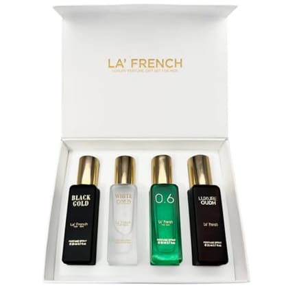 Classic Perfume Gift Set 4x20ml | Long Lasting Mini Perfume Set for Men & Women | Black Gold, White Gold, 0.6, Luxure Oudh | Luxury Fragrance Combo Pack