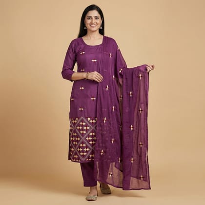 Hand-Embroidered Pure Silk Punjabi Suit Material with Dupatta | Purple