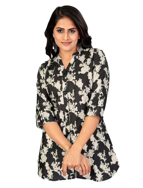 Women's Poly Crepe Mandarin Collar 3/4 Sleeves Short Top (Black, L)-PID56263