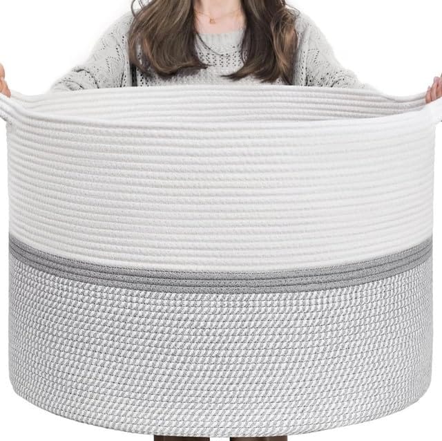 Generic Cotton Dori 16x14 Inch Storage Basket For Clothes With Out Lid (White-Gray-White)-PID66467