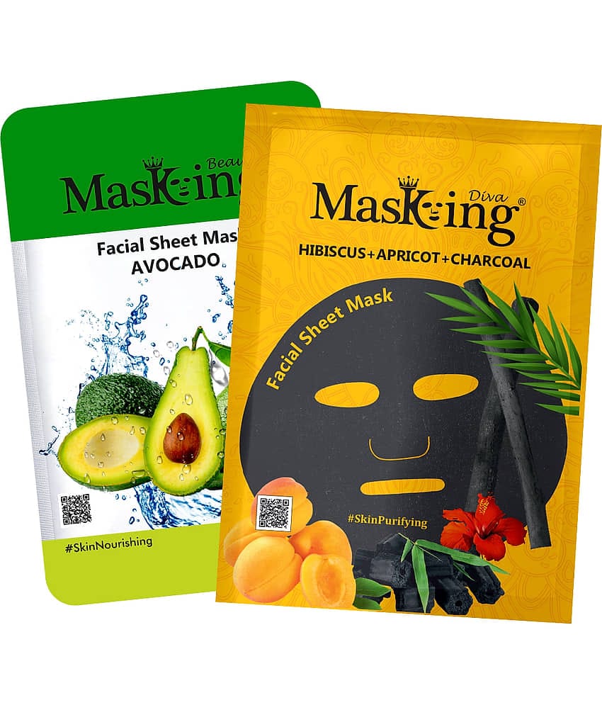 Masking BeautyDiva Avocado, Hibiscus, Apricot and Charcoal Face Sheet Mask Masks 50 ml Pack of 2