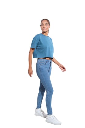 Kinnko Premium Cotton Womens Blue Solid Crop T-Shirt  Plain