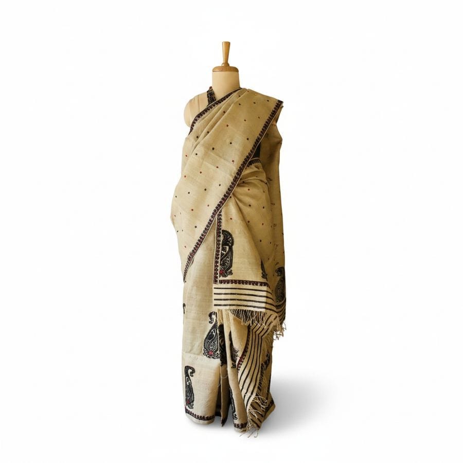 Beige Hand-Printed Ethnic Saree