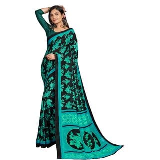 SVB Sarees Womens Black Pure Georgette Printed Saree With Blouse Piece