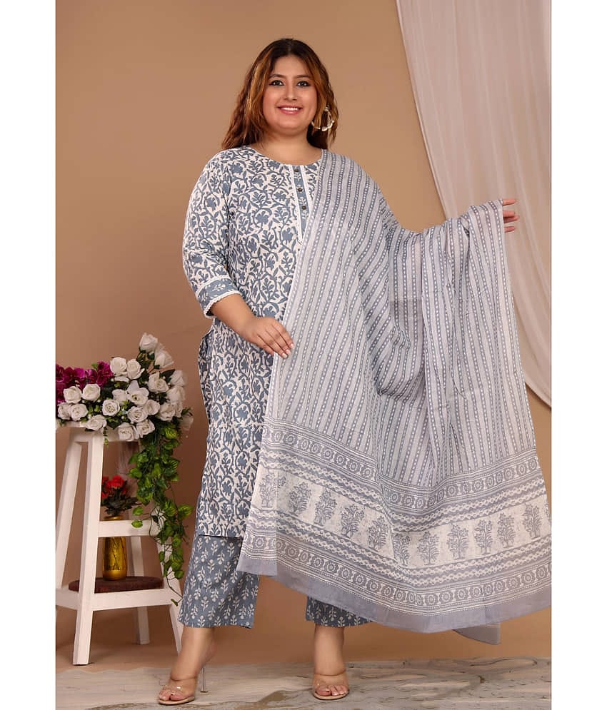 Avnii Cotton Printed Kurti With Pants Women's Stitched Salwar Suit - Grey ( Pack of 1 )