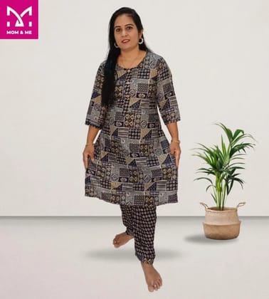 Mom And Me Navy Blue Cotton Kurta Co-Ord Set (L) | Premium Geometric Print | Casual Wear