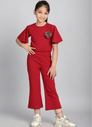 Girls Flared Sleeve Applique Basic Jumpsuit