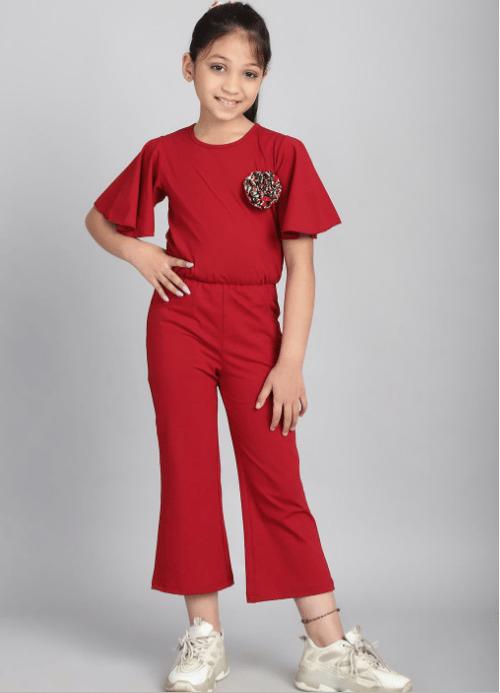 Girls Flared Sleeve Applique Basic Jumpsuit