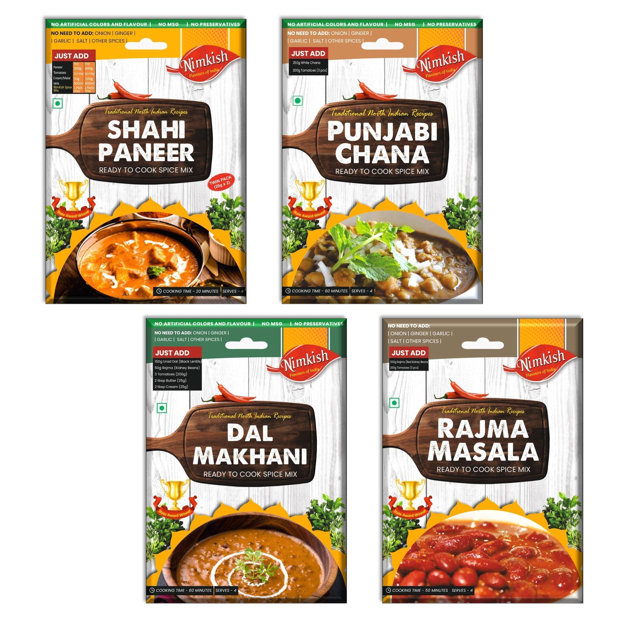 Nimkish Veg Curry Spice Mix Combo Pack of 4 | Shahi Paneer, Chana, Dal Makhani & Rajma | Ready-to-Cook Masala
