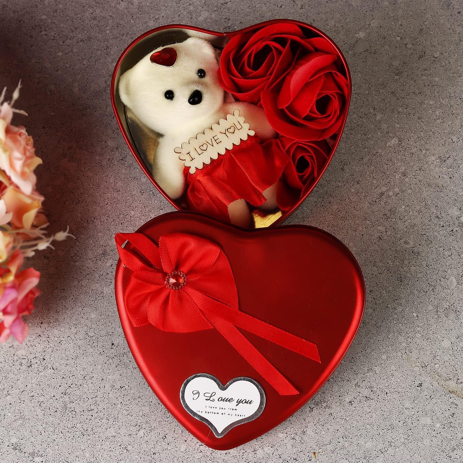 BREEPREE Heart Shape Box with Teddy and Red Rose Flowers Combo