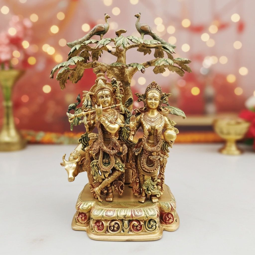 Brass Tree Radha Krishna Idol - Premium Colour Decor, Height : 24 Inch (BSMAS500)