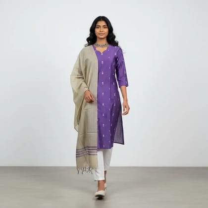 Mangalagiri Raw Silk Kurti Set with Buttas and Checked Dupatta in Purple Mangalagiri Raw Silk Kurti Set with Buttas and Checked Dupatta in Purple