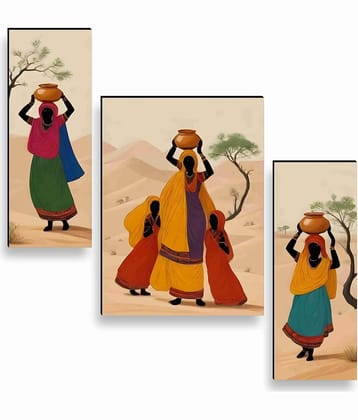 Livin'luxe Rajasthani Women Desert Art – 3 Panel Traditional Village Lady Painting with Pots for Ethnic Home & Cultural Décor 12 Inch x 20 Inch
