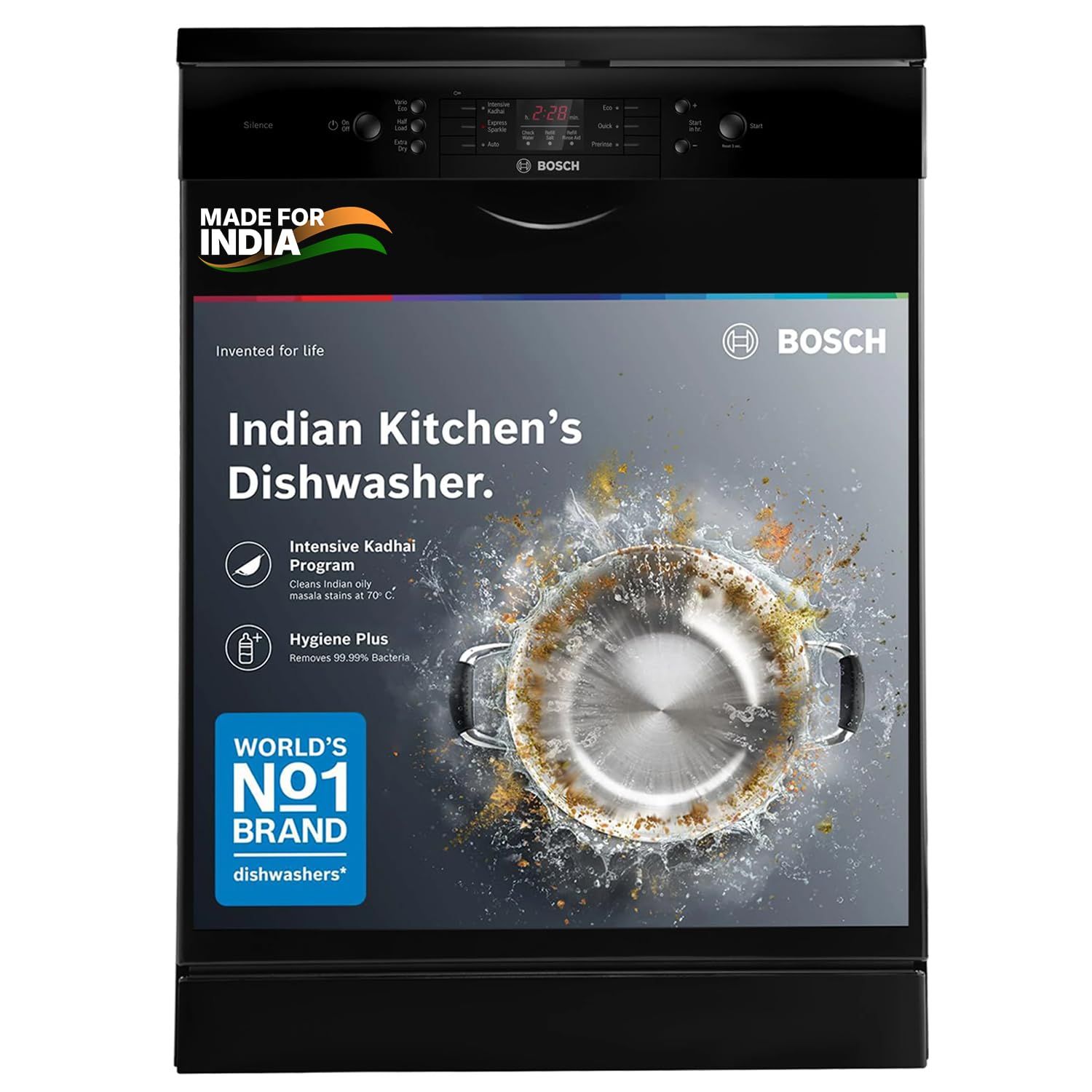 Bosch 13 Place Setting (fits up to 70 utensils) Free-Standing Dishwasher for Indian Utensils | Hygiene+ & Intensive Kadhai Program (SMS66GB01I, Inbuilt Heater, Removes 99.9% Germs, White) Bosch 13 Place Setting (fits up to 70 utensils) Free-Standing Dish