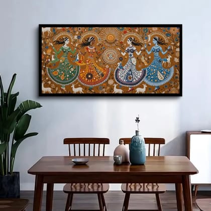 Luminary Tribal Harmony – Warli Dance Celebration Museum-Quality Cotton Canvas Art for Living Room Décor | Frame Size (127 X 69 Cm) | Frame Type (Black) | 5-Year Warranty