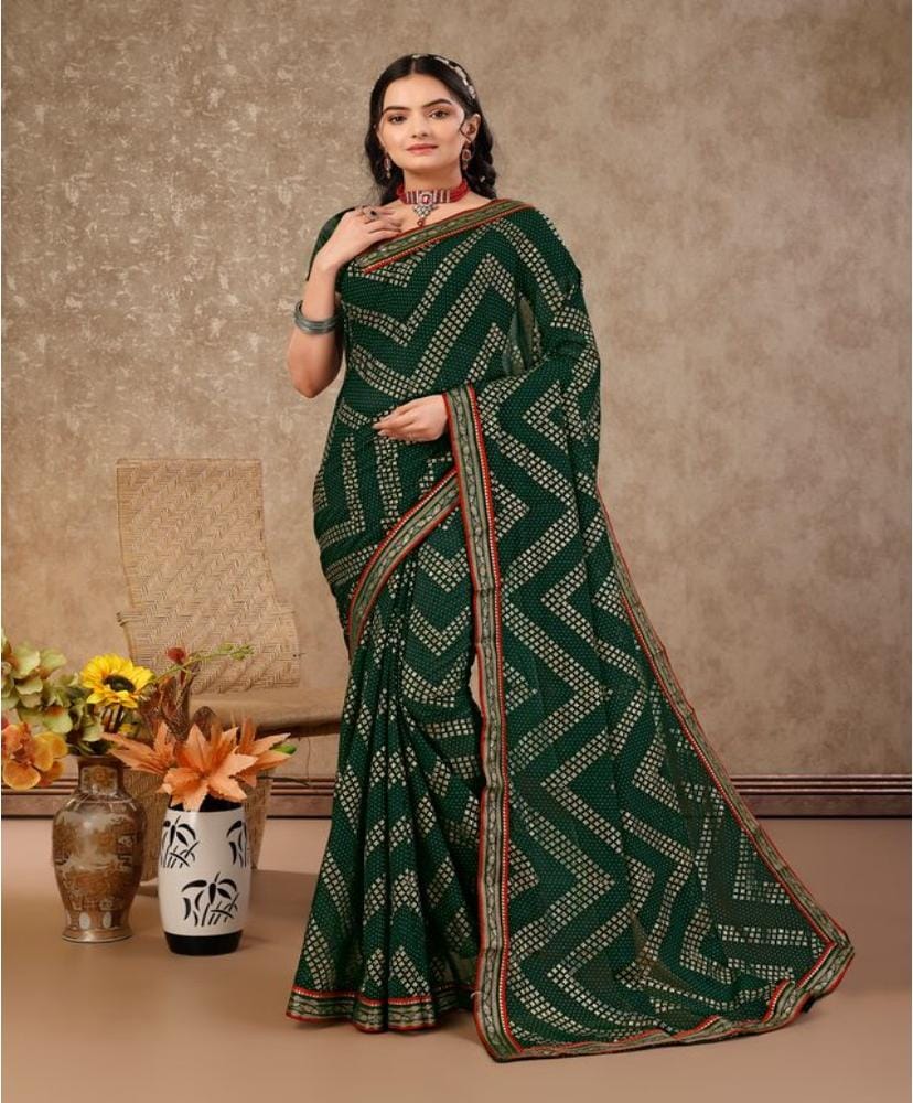 Women's Zomto Zig Zag Saree with Unstitched Blouse (Green, 5-6 Mtrs)