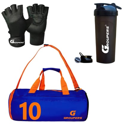 GROUPERS Combo Set of Duffle Polyester Bag with Shaker Bottle-700ml & GloveslSports & Travel Bag (Blue 10) GROUPERS Combo Set of Duffle Polyester Bag with Shaker Bottle-700ml & GloveslSports & Travel Bag (Blue 10)