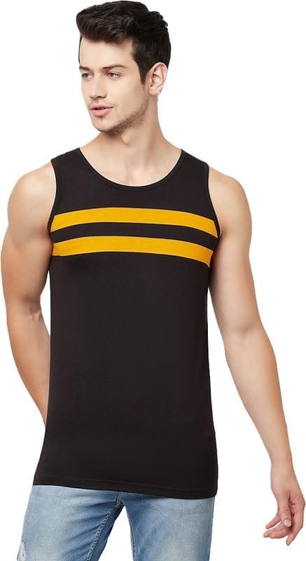 Men's Casual Colorblock Cotton Blend Round Neck Cut Sleeve T-Shirt (Black, L)-PID47782