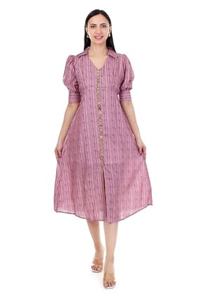 MR ANDERSONS Women’s Striped Midi Dress Puff Sleeve Button Down Fit and Flare