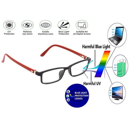 Hrinkar Eye Protection Zero Power Glass for Mobile and Computer with Blue Light Filter for Men & Women | Red and Black | HBCT-FRM-BK-RD-12