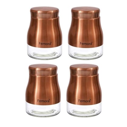 Femora Copper Metallic Clear Glass Kitchen Storage Jars, 900 ml, Set of 4, Free Replacement of Lids