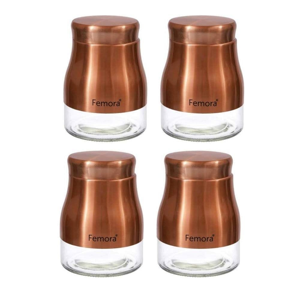 Femora Copper Metallic Clear Glass Kitchen Storage Jars, 900 ml, Set of 4, Free Replacement of Lids