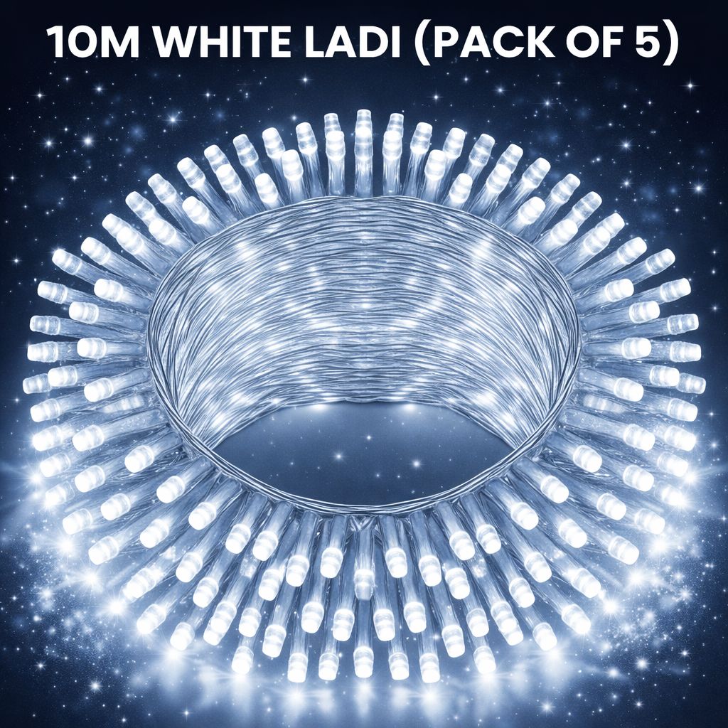 SPARKWORLD 10 Meter White LED Decorative Ladi Festive Rice Lights for Home, Party & Outdoor Use (Pack of 5) with Free Jointer (7+1)