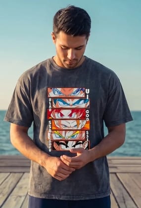 Hue Nox Men's Grey Big Anime Eyes Graphic Oversized T-Shirt