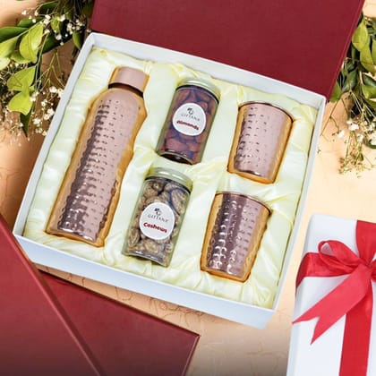 Copper Bottle with Glasses, Almonds & Cashews Gift Set