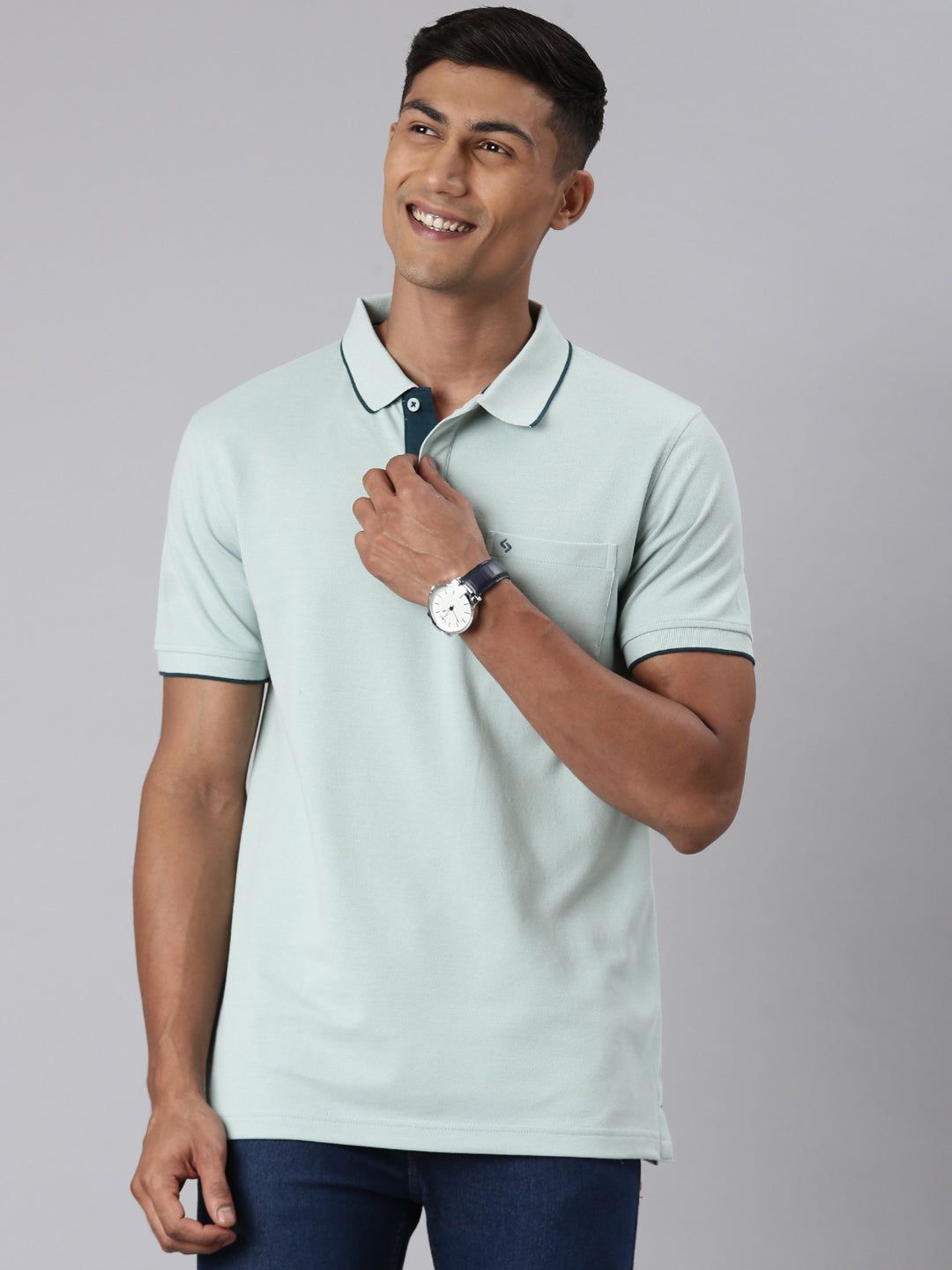 Classic Polo Men's Casual Solid Lt.Green Half Sleeve Slim Fit T-Shirt | TOY-NOVA-BLUE HAZE SF P