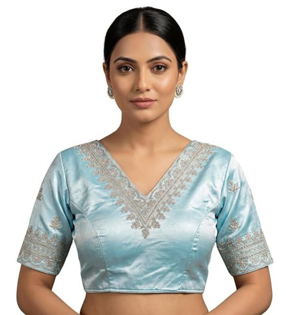 Women's Satin Embroidered Half sleeve V-Neck Padded Readymade Blouse (Sky Blue, Size 38 - Self-Alterable 36–40)