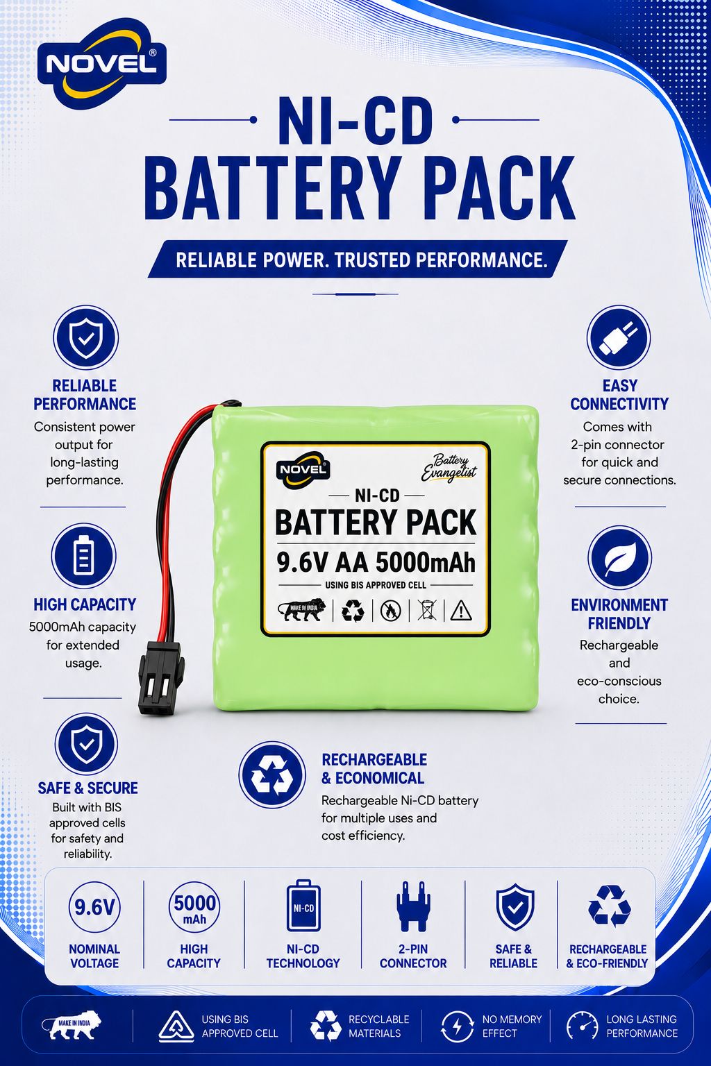 NOVEL 9.6V AA 5000mAh NI-CD Rechargeable Battery SM PIN