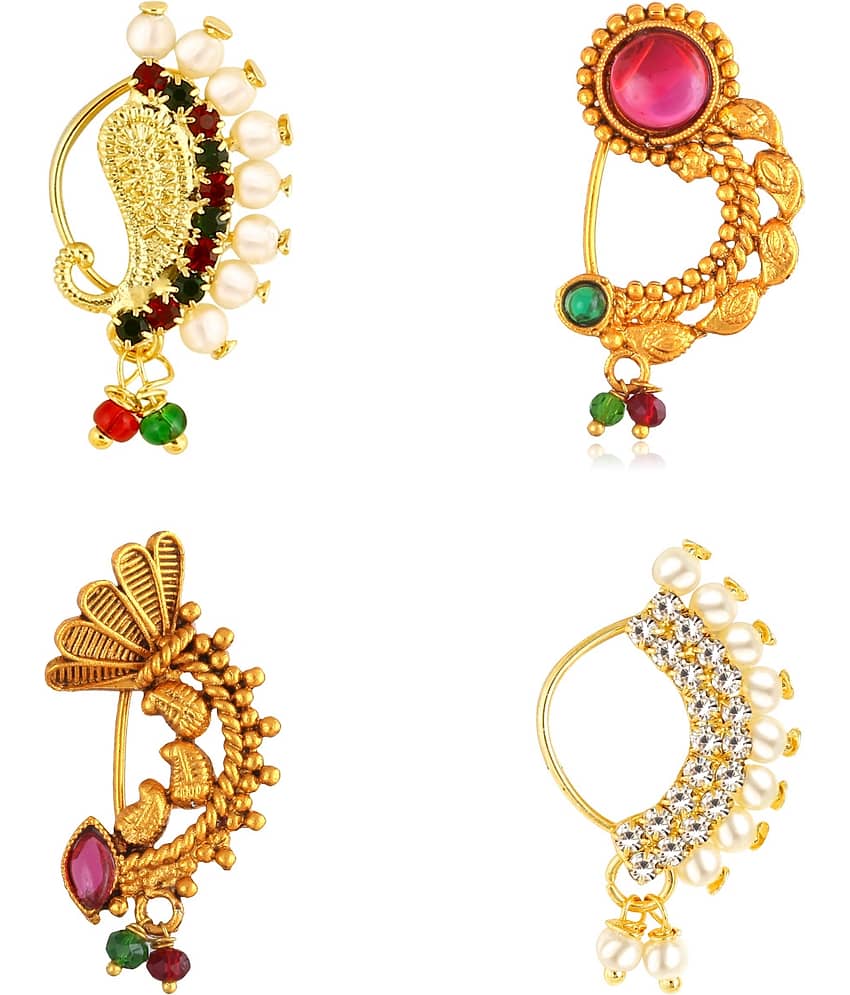Vighnaharta Non Piercing Gold Plated Mayur design with Pearls and AD Stone Alloy Maharashtrian Nath Nathiya./ Nose Pin combo for women VFJ1003-1011-1029-1036NTH-Press