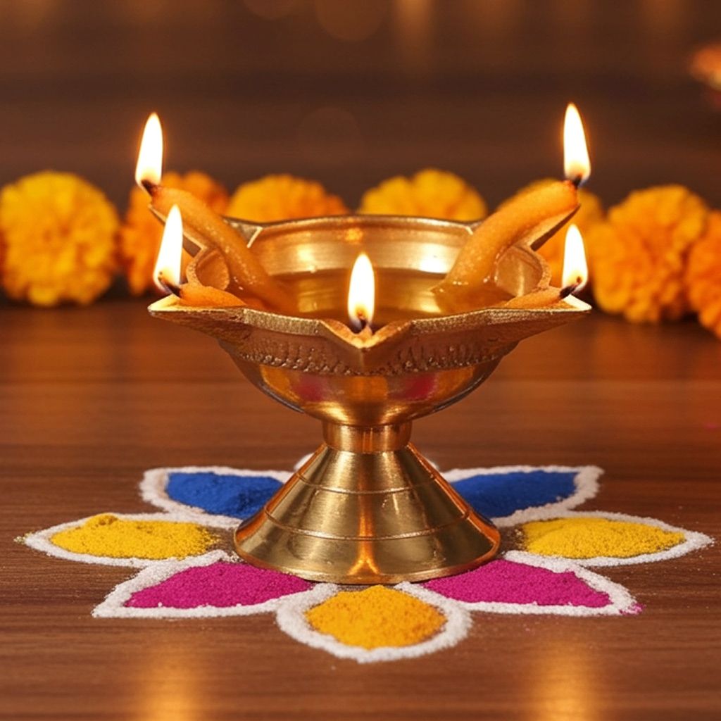 Brass Table Decor Oil Lamp Deepak 4 Wicks  - Traditional Brass Diya for Aarti, Height : 1.5 Inch (FMAS633 B)
