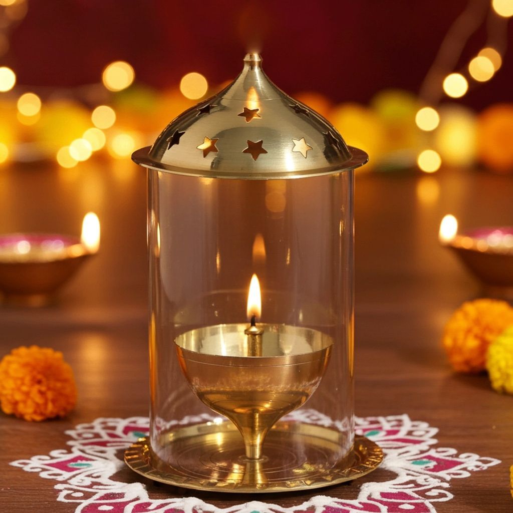 Brass Table Decor Oil Lamp Deepak With Chimney  - Antique Brass Diya for Home D�cor, Height : 9.5 Inch (ZMAS014/10)