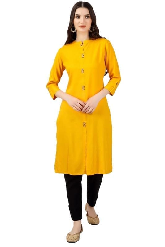 Women's Solid Calf Length Rayon Kurti (Yellow, M)-PID46331