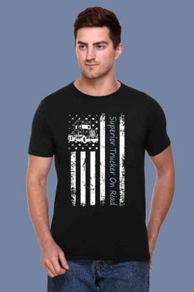 Men's Pure Cotton Black T-Shirt with Bold Front Panel Print, Trendy Half Sleeve Round Neck Casual Tee (Color-Black, Size-M)