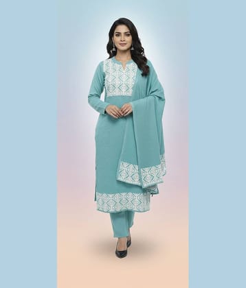 WOOL'S KART Women Woollen Printed A-line Kurti With Palazzo ( Blue )