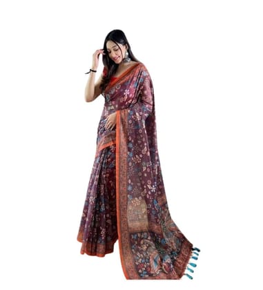 DARSHANS Women's Linen Printed Saree With Unstitched Blouse 5.5Mtr (Brown)-PID65163