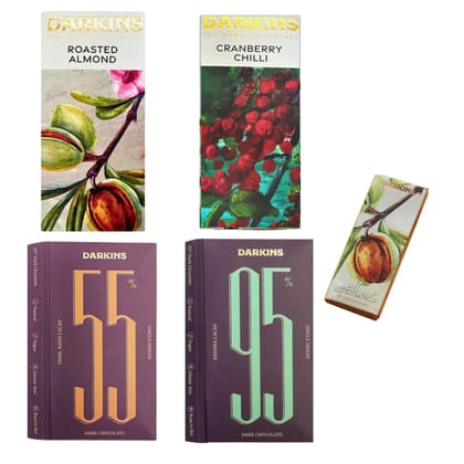 DARKINS Combo Pack of 4 With Free 35g Almond Bar | 70% Roasted Almonds | 70% Cranberry Chilli | 55% Single Origin | 95% Single Origin | Vegan | Gluten-Free | Natural�Chocolates�Bar DARKINS Combo Pack of 4 With Free 35g Almond Bar | 70% Roasted Almonds | 70% Cranberry Chilli | 55% Single Origin | 95% Single Origin | Vegan | Gluten-Free | Natural�Chocolates�Bar