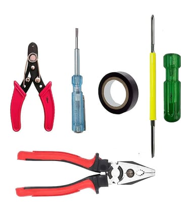 Hand Tool Kit Heavy Duty Plier (Pilash), Cutter, Tester, Tape & 2in1 Screw Driver. Combination Tools For Domestic & Industrial Purpose.
